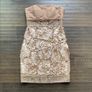 SUE WONG Strapless Dress Womens Sz 2 Cream Tan Soutache Beaded Cocktail Wedding
